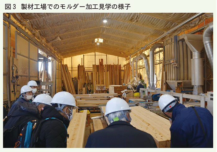 製材工場でのモルダー加工見学の様子
